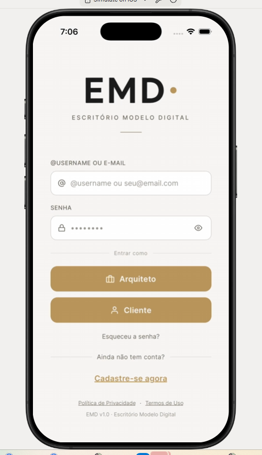 Mockup do app EMD — Escritório Modelo Digital