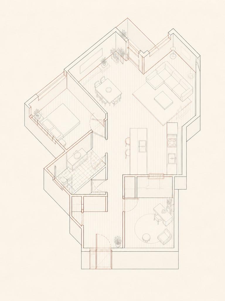 Desenho axonométrico técnico de uma planta de interiores
